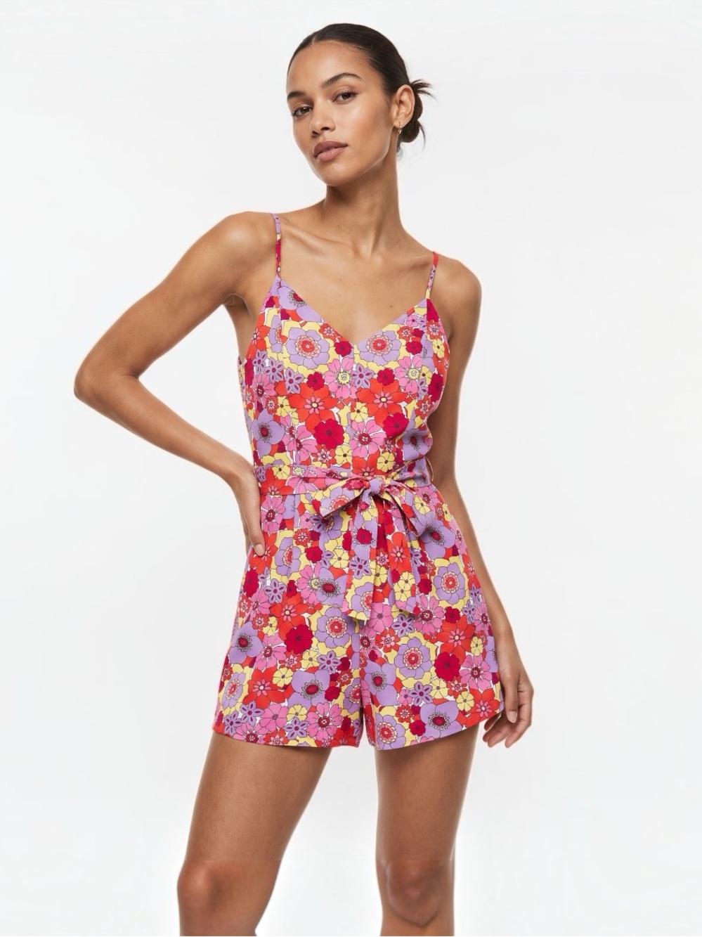 Louna Retro Floral Romper Boho vneck Tie Waist Spaghetti Strap Sz Medium